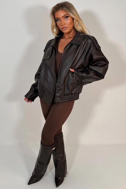 Faux Leather Funnel Neck Jacket Brown