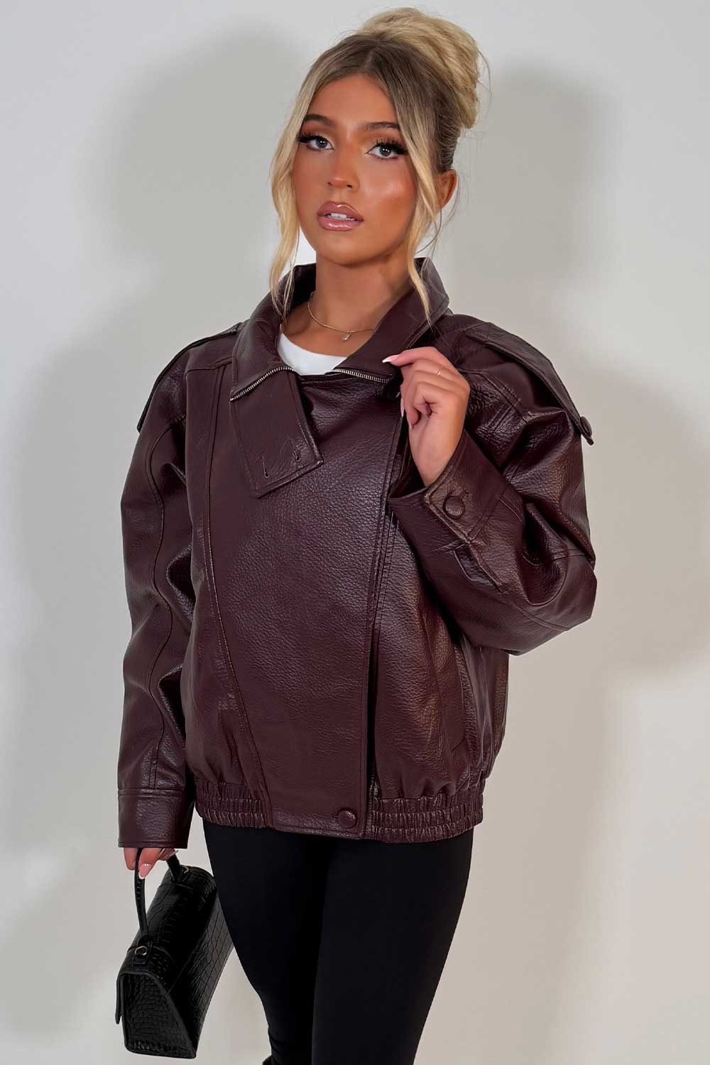 Faux Leather Funnel Neck Jacket Burgundy