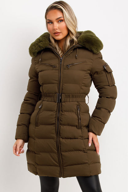 Long Puffer Coat With Fur Hood And Belt Khaki