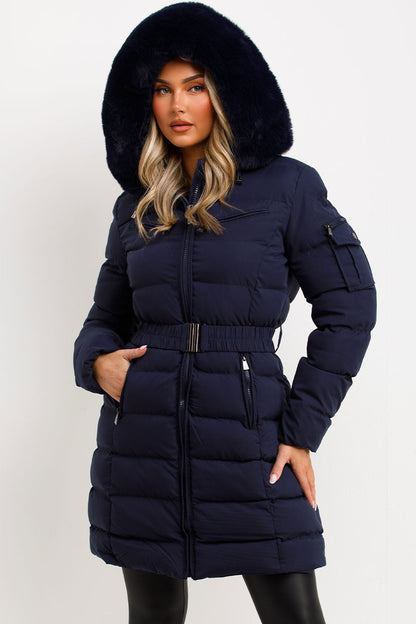 Long Puffer Coat With Fur Hood And Belt Navy