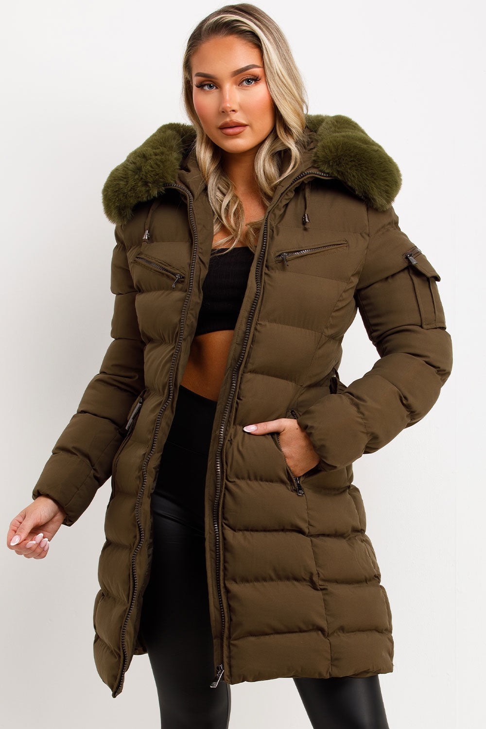 Long Puffer Coat With Fur Hood And Belt Khaki