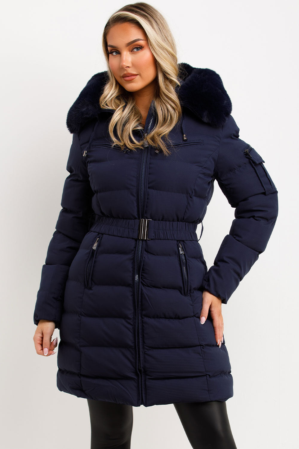 Long Puffer Coat With Fur Hood And Belt Navy