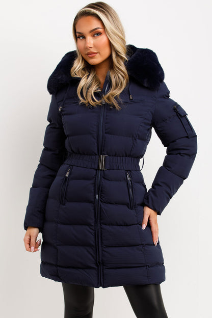 Long Puffer Coat With Fur Hood And Belt Navy