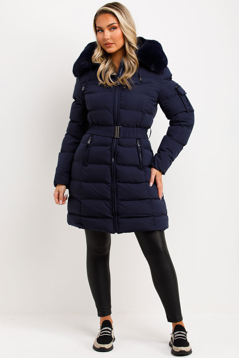 Long Puffer Coat With Fur Hood And Belt Navy
