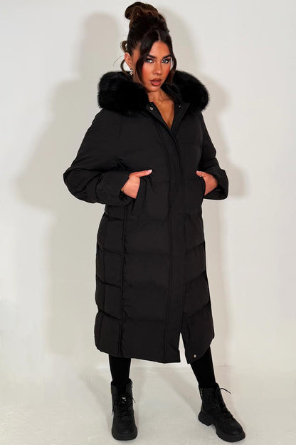 Long Puffer Down Coat With Faux Fur Hood Black