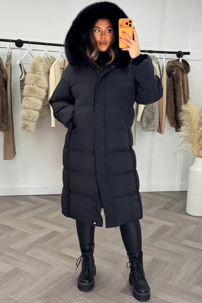 Long Puffer Down Coat With Faux Fur Hood Black