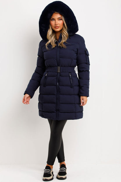 Long Puffer Coat With Fur Hood And Belt Navy