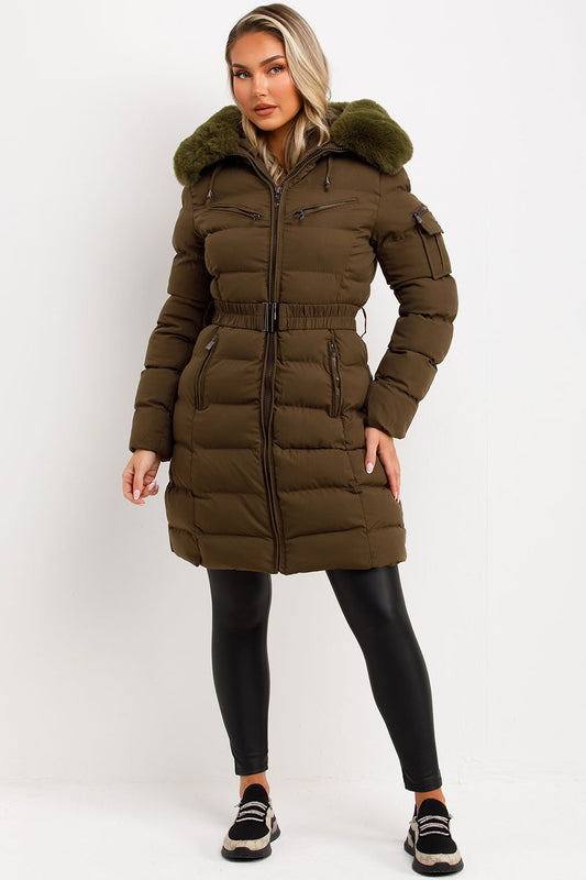 Long Puffer Coat With Fur Hood And Belt Khaki