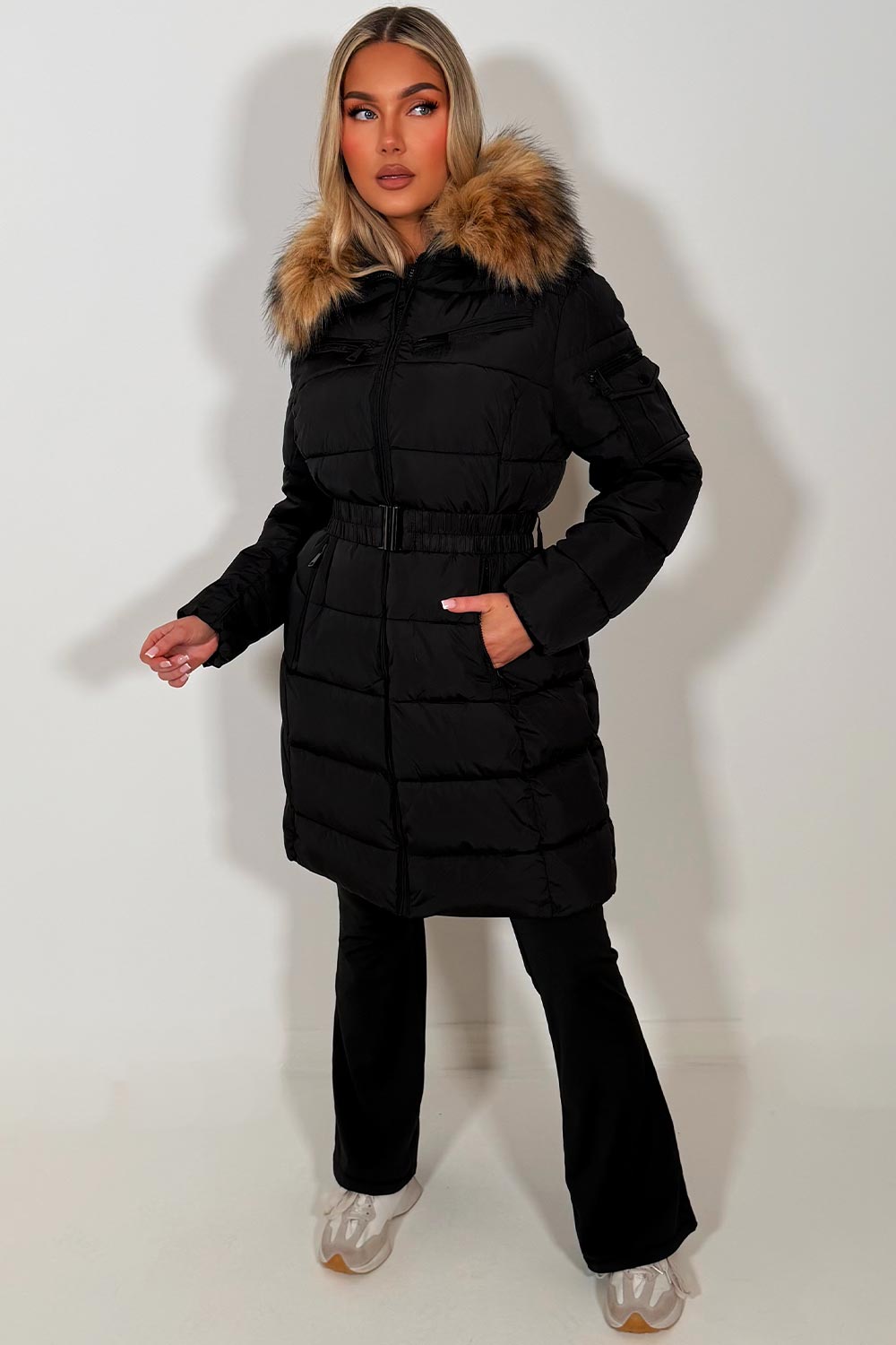 Long Puffer Coat With Faux Fur Hood And Belt Black