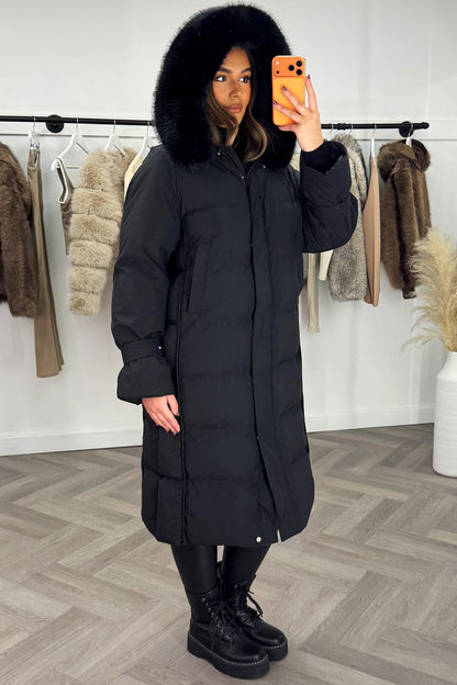 Long Puffer Down Coat With Faux Fur Hood Black