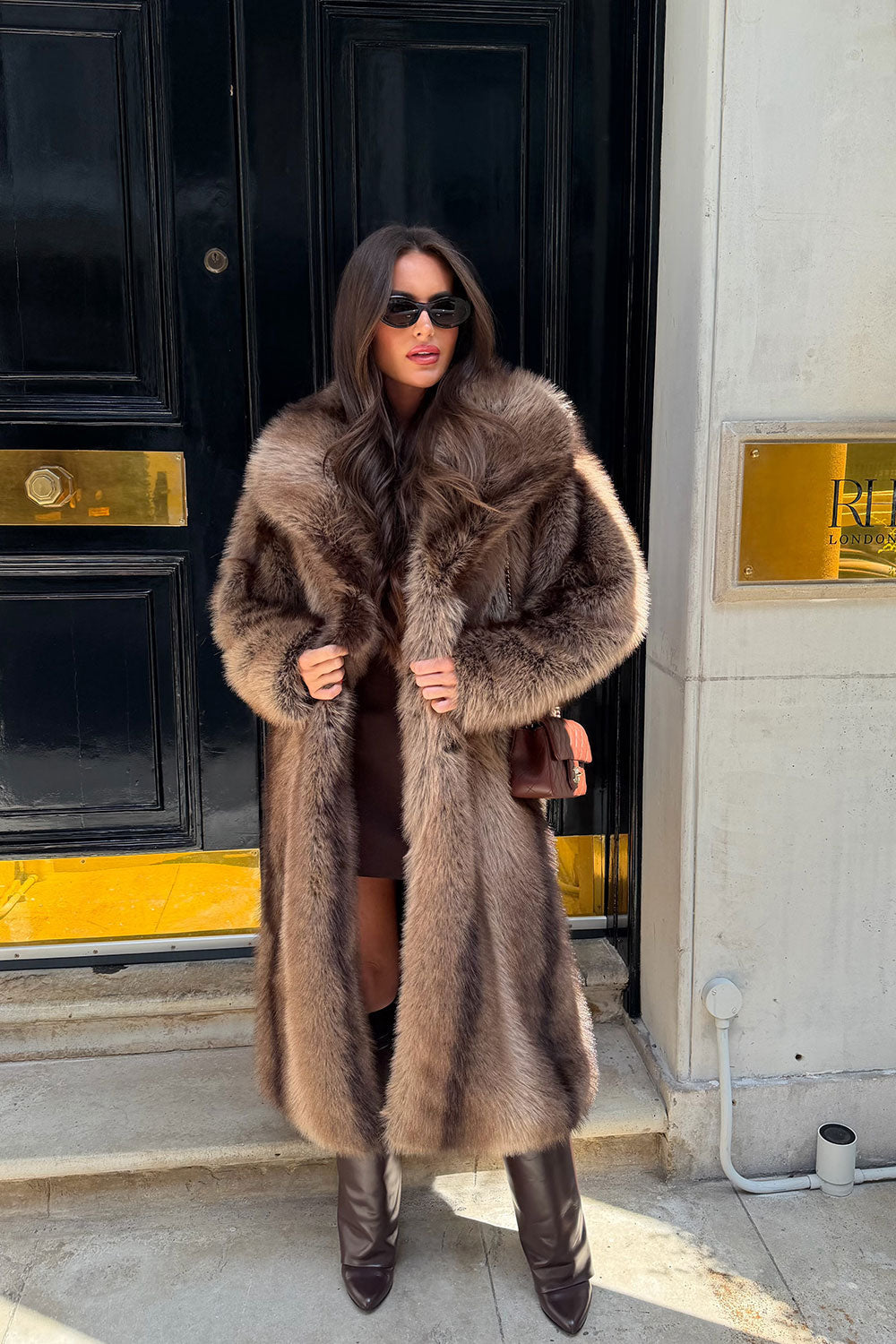 Long Faux Fur Coat With Collar Brown