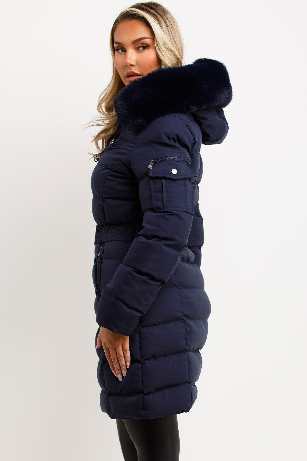 Long Puffer Coat With Fur Hood And Belt Navy