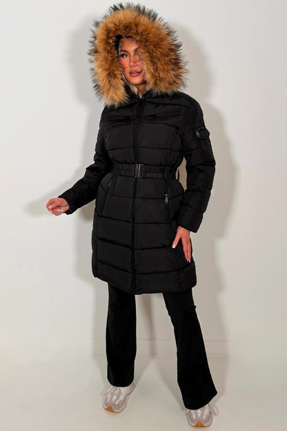 Long Puffer Coat With Faux Fur Hood And Belt Black