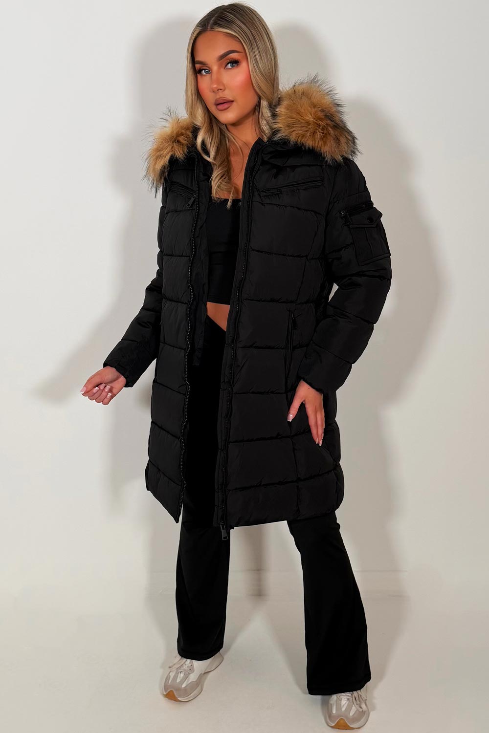 Long Puffer Coat With Faux Fur Hood And Belt Black