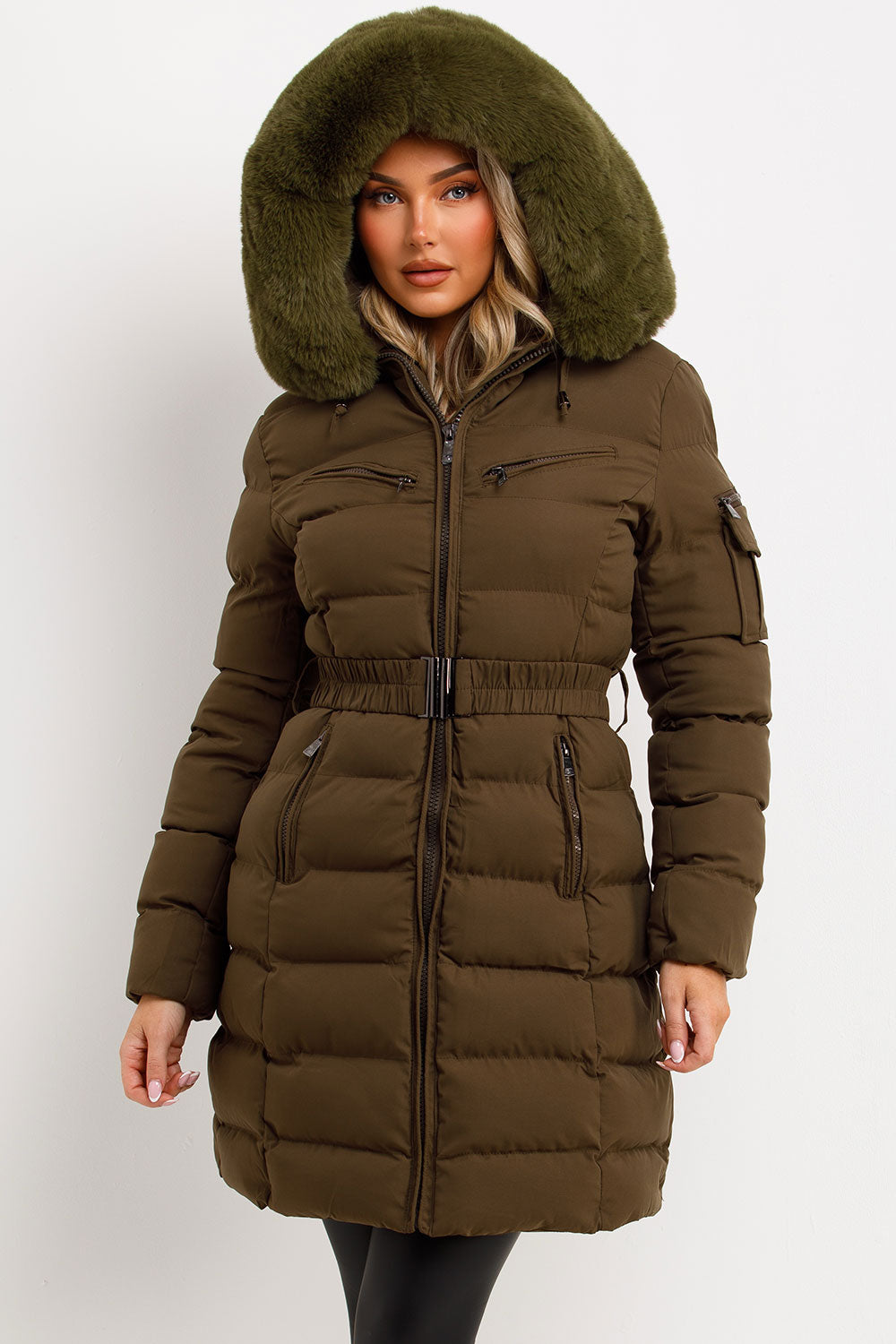 Long Puffer Coat With Fur Hood And Belt Khaki