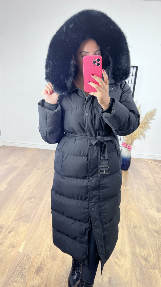 Maddox Black Padded Faux Fur Hooded Coat