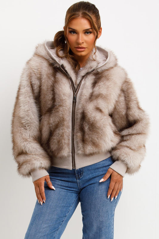 Fur Coat With Hood Beige