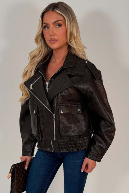 Brown Faux Leather Bomber Jacket With Double Collar