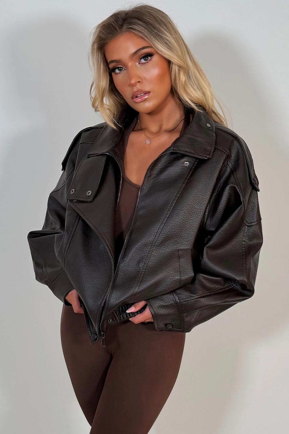 Faux Leather Funnel Neck Jacket Brown