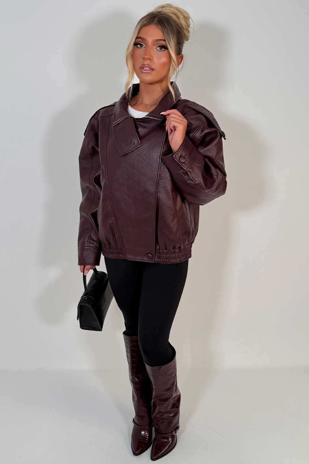 Faux Leather Funnel Neck Jacket Burgundy