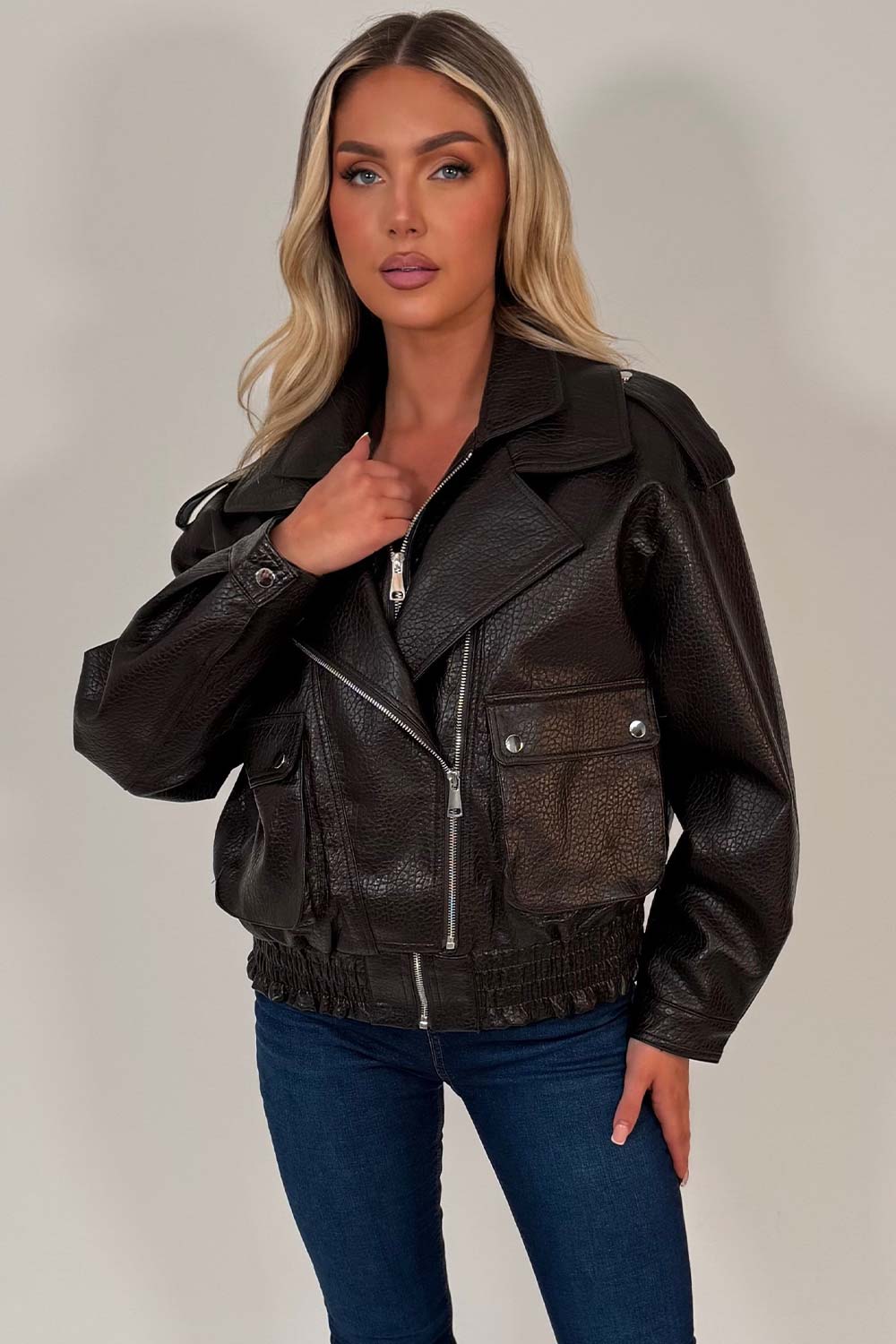 Brown Faux Leather Bomber Jacket With Double Collar