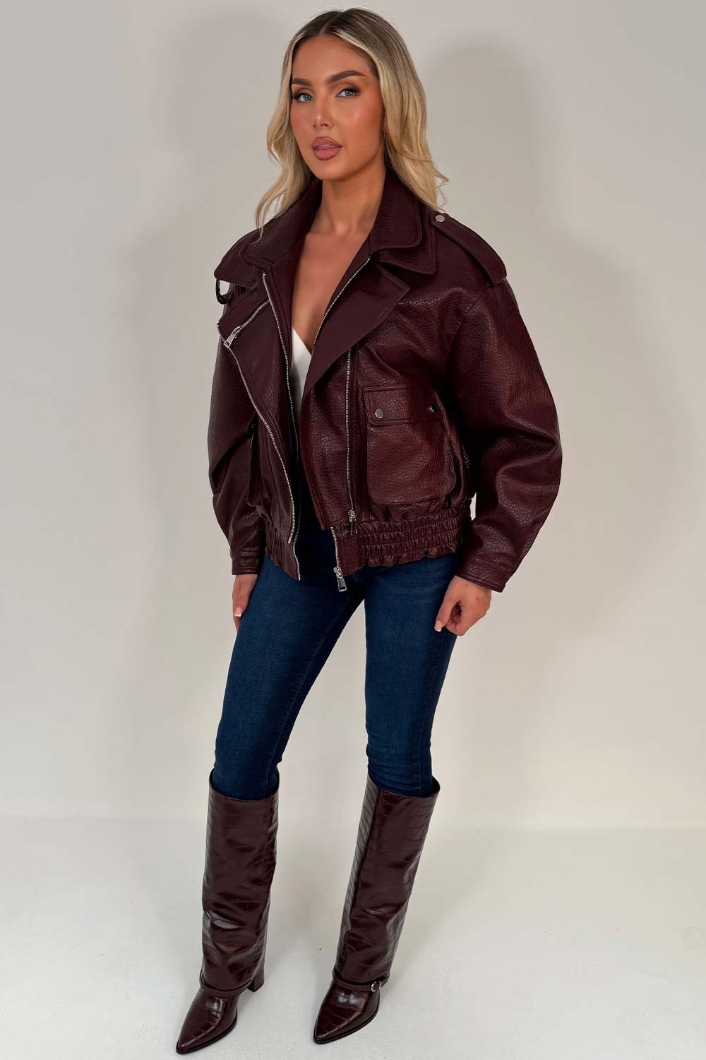 Burgundy Faux Leather Bomber Jacket With Double Collar