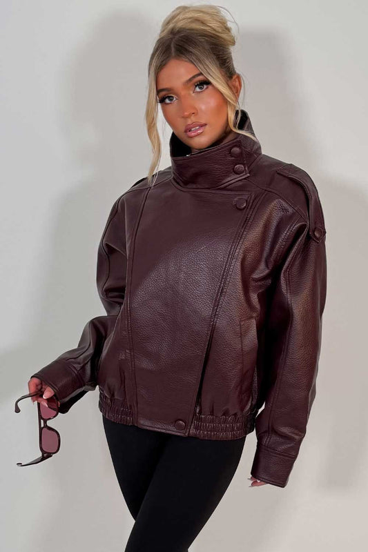 Faux Leather Funnel Neck Jacket Burgundy