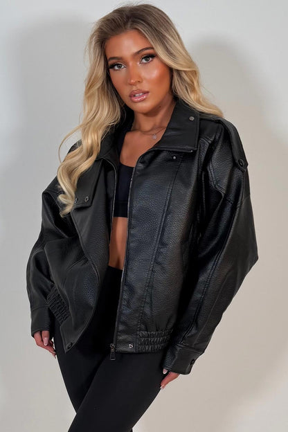 Black Faux Leather Funnel Neck Jacket