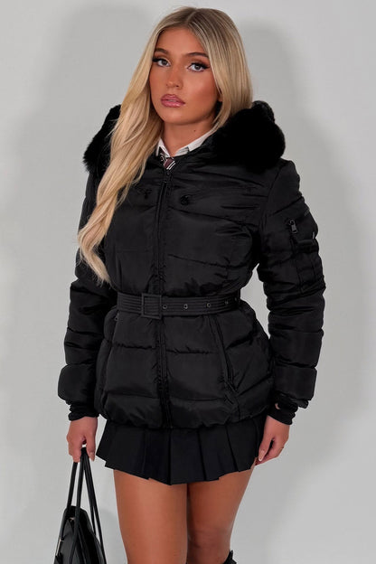 Black Faux Fur Hood Jacket With Belt