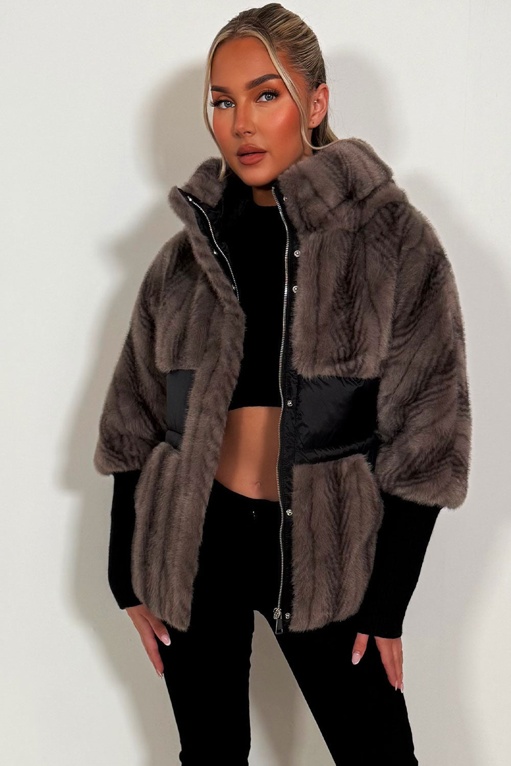 Faux Fur Jacket With Hood Taupe