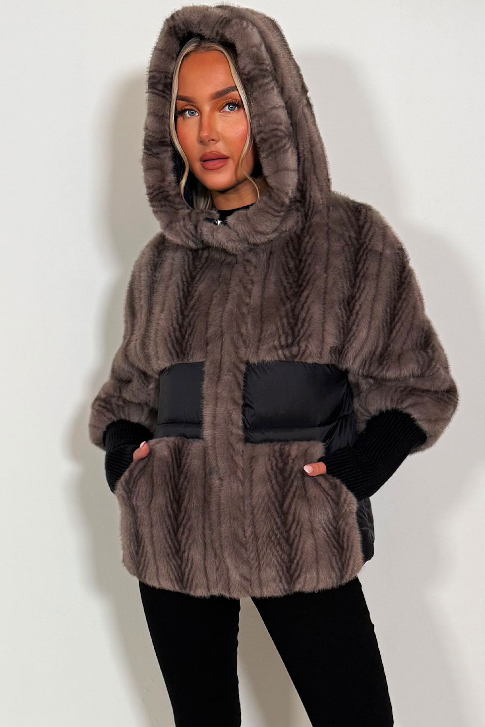 Faux Fur Jacket With Hood Taupe
