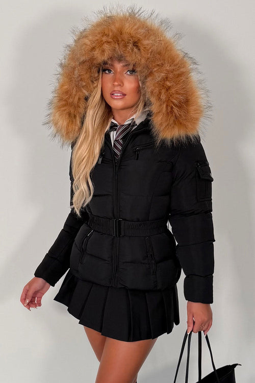 Faux Fur Hood Puffer Jacket With Belt Black