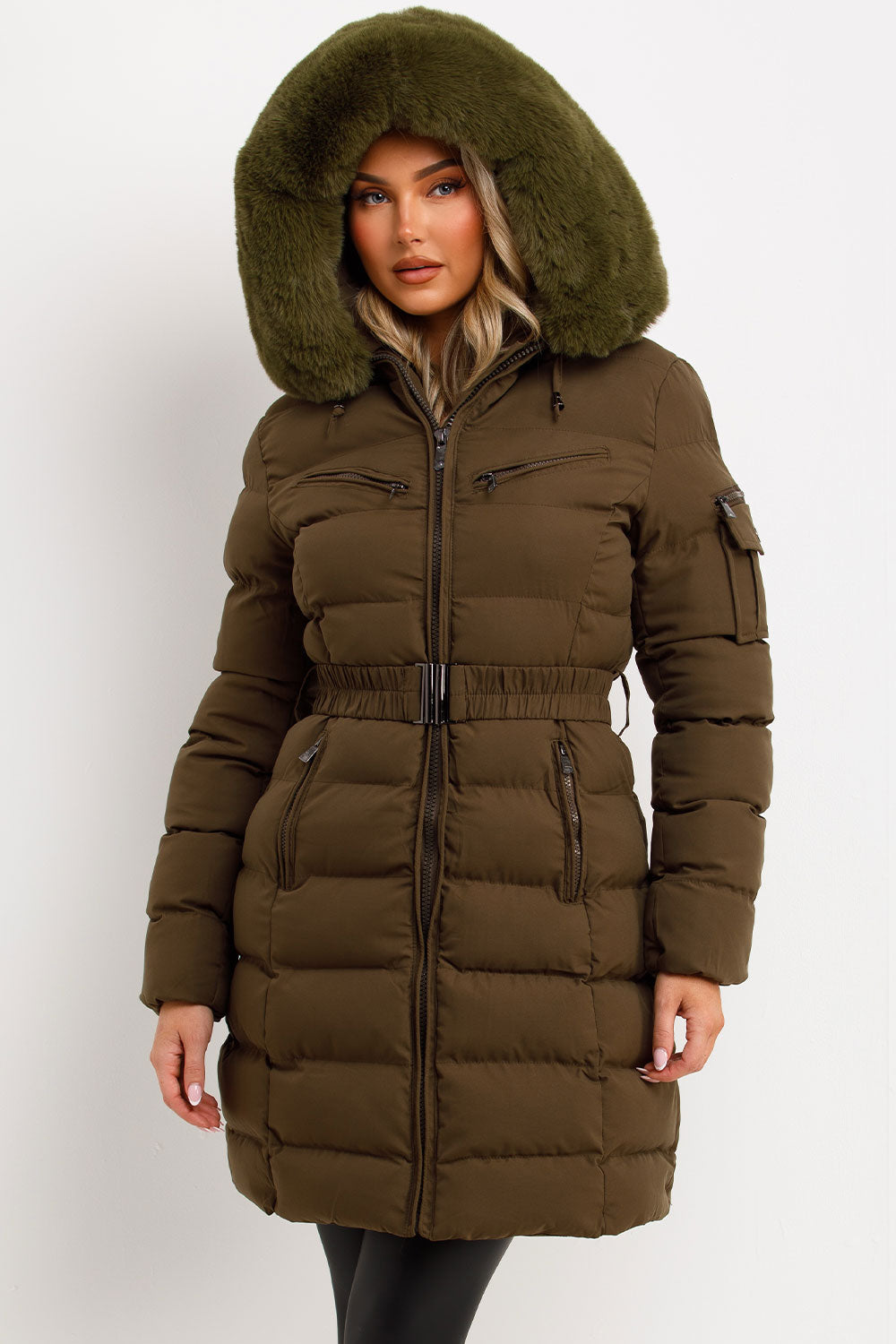 Long Puffer Coat With Fur Hood And Belt Khaki
