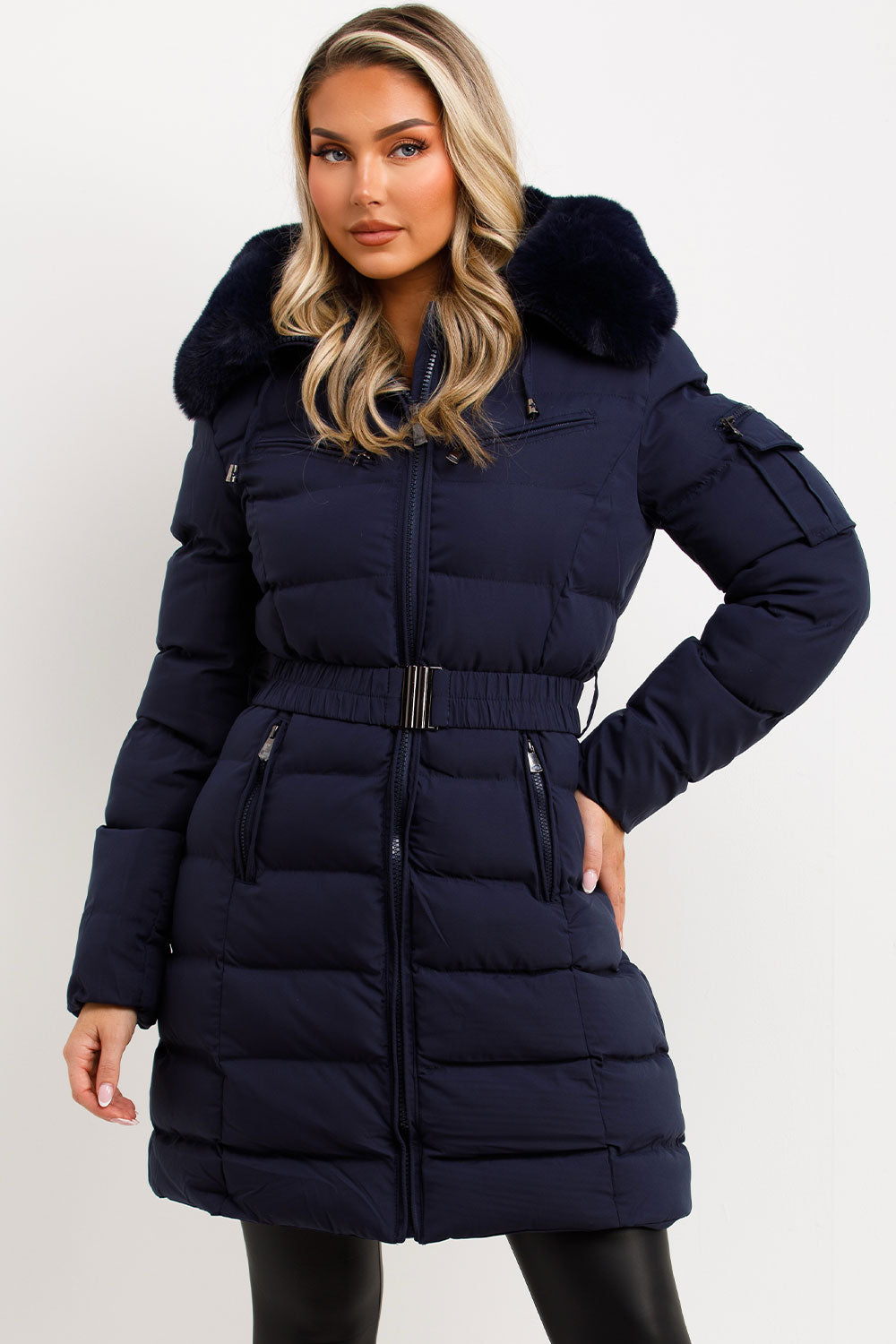 Long Puffer Coat With Fur Hood And Belt Navy