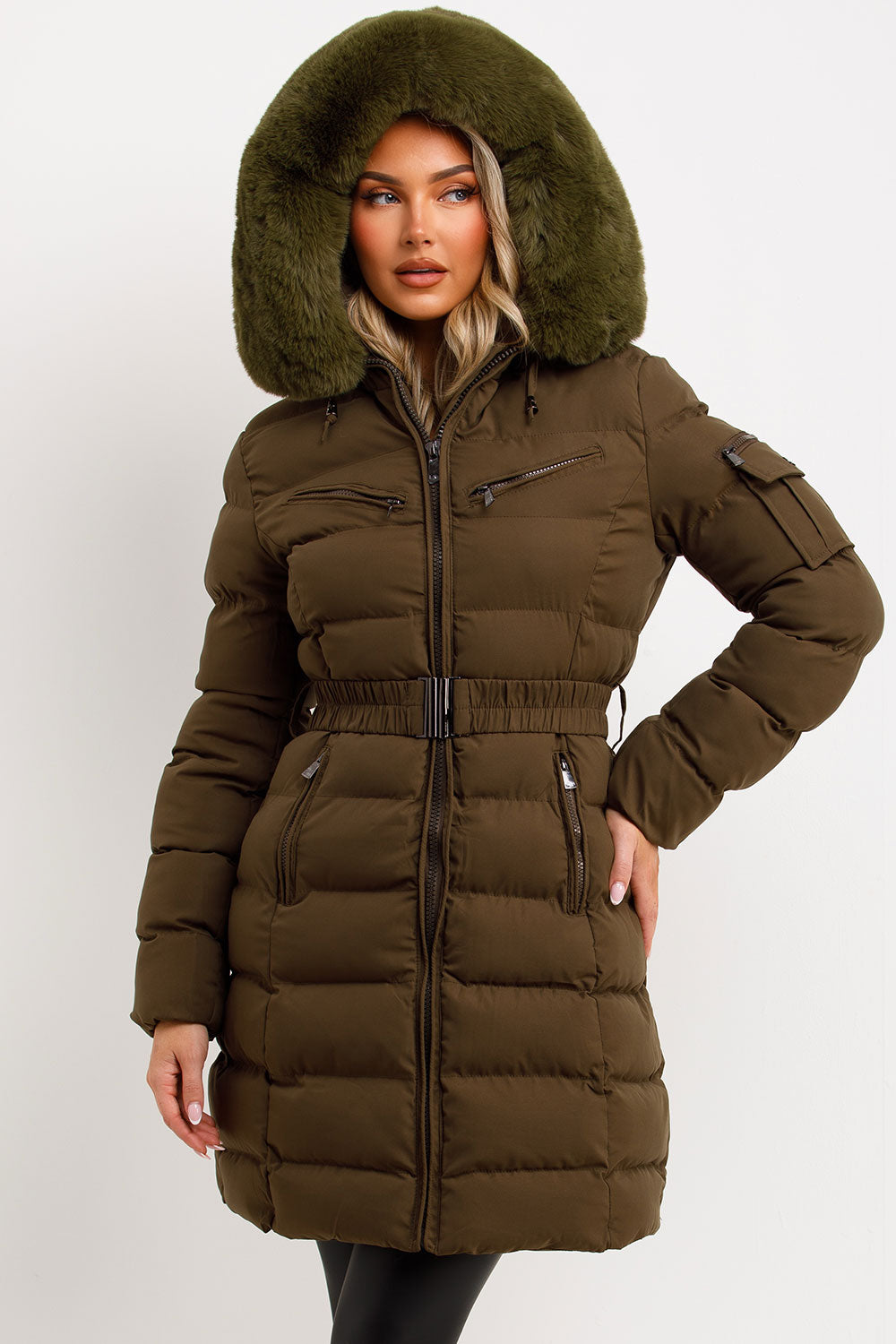 Long Puffer Coat With Fur Hood And Belt Khaki