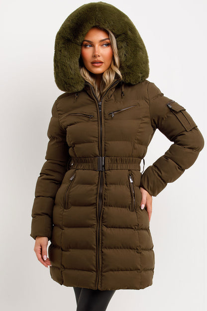 Long Puffer Coat With Fur Hood And Belt Khaki