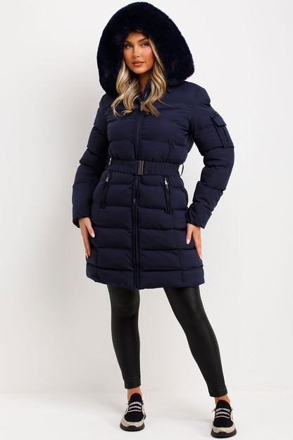 Long Puffer Coat With Fur Hood And Belt Navy