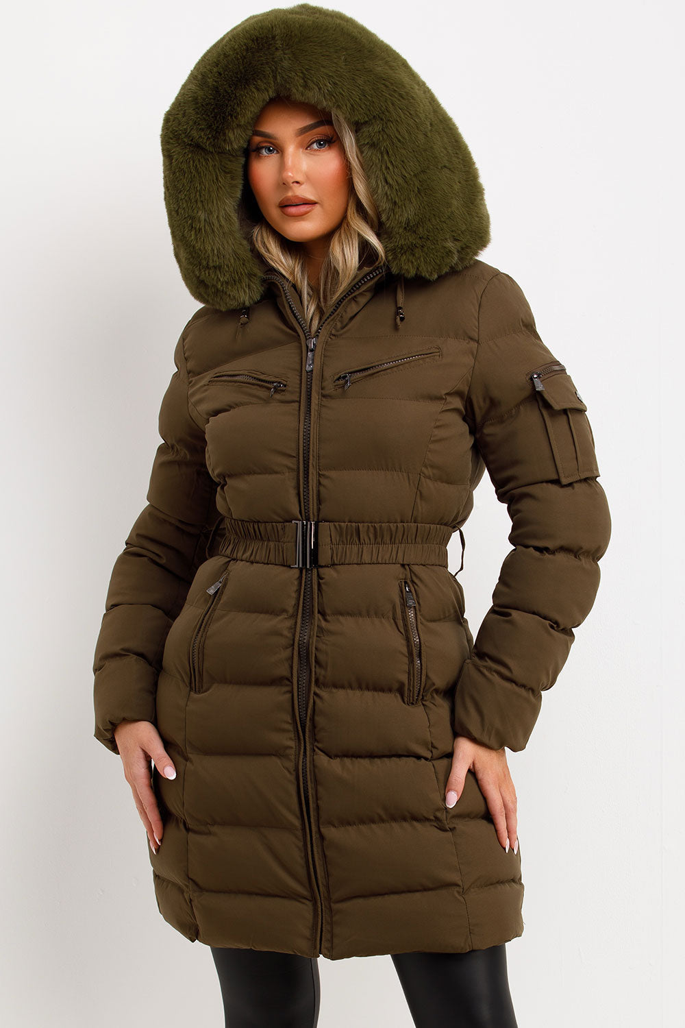 Long Puffer Coat With Fur Hood And Belt Khaki