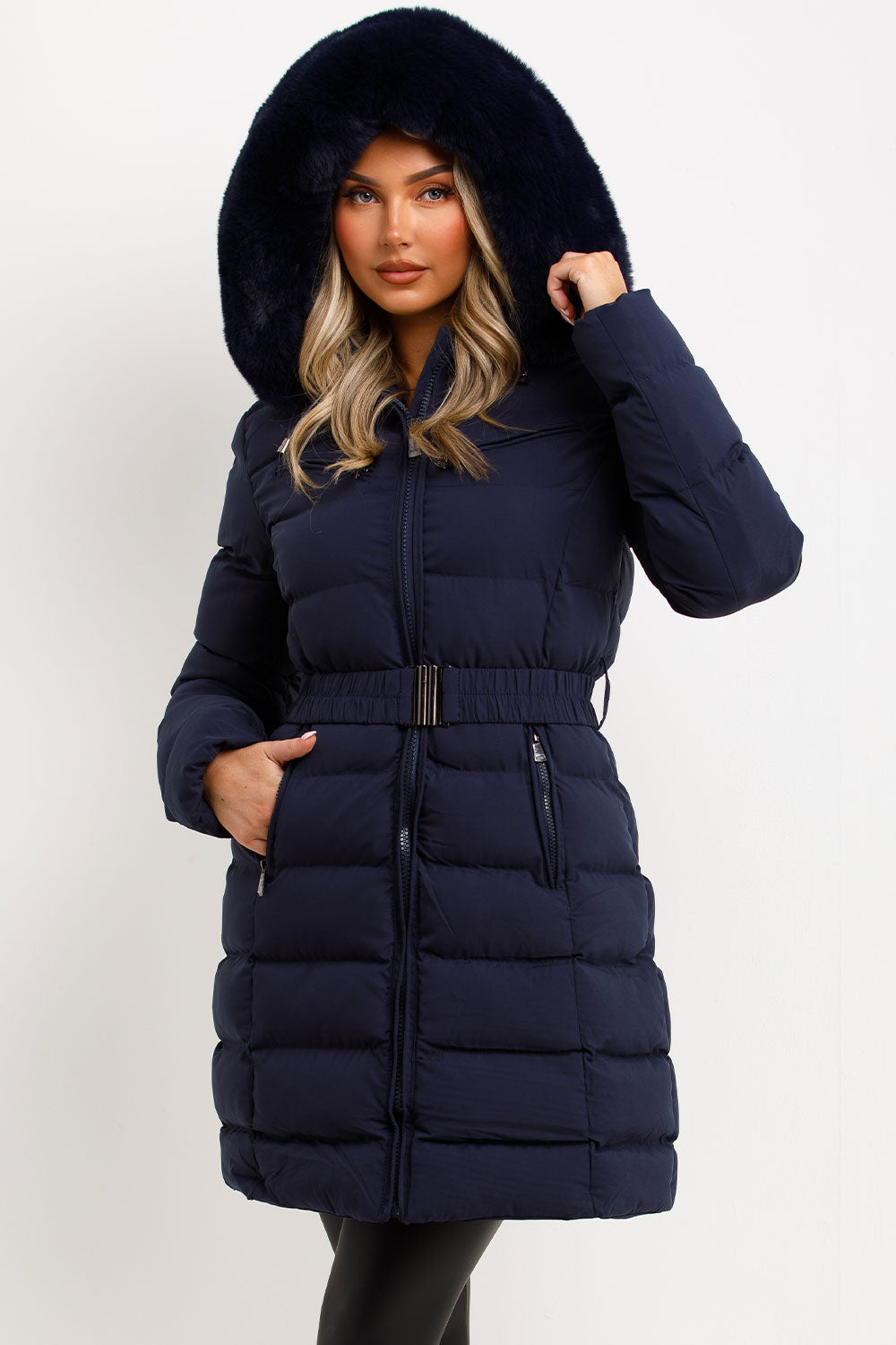 Long Puffer Coat With Fur Hood And Belt Navy