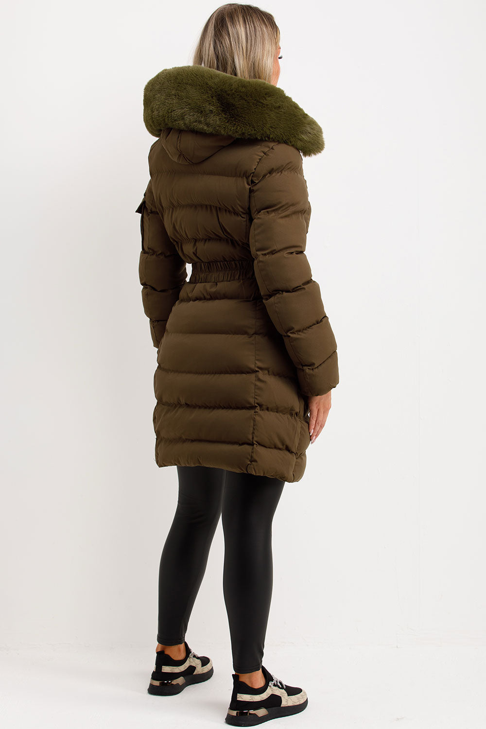 Long Puffer Coat With Fur Hood And Belt Khaki
