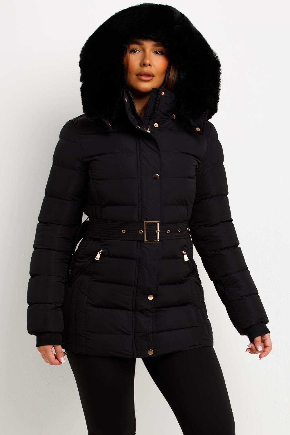 Black Puffer Coat With Faux Fur Hood And Belt