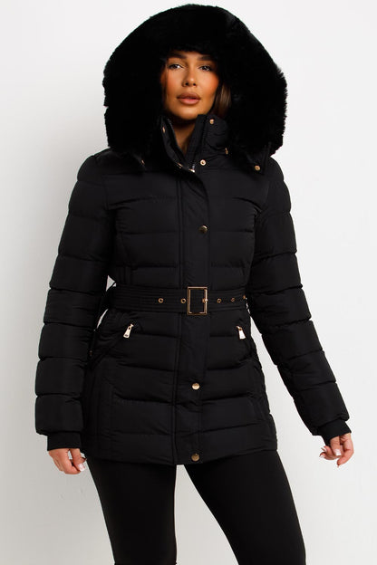 Black Puffer Coat With Faux Fur Hood And Belt