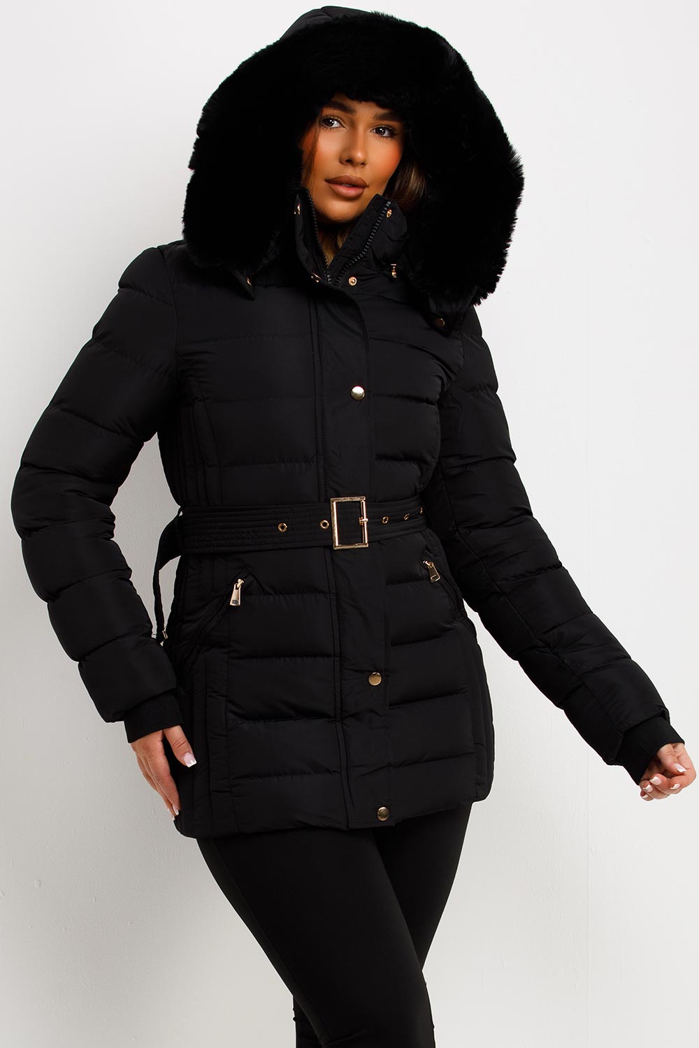 Black Puffer Coat With Faux Fur Hood And Belt