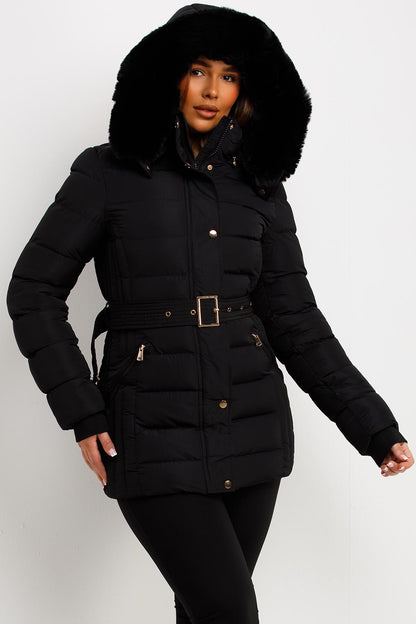 Black Puffer Coat With Faux Fur Hood And Belt