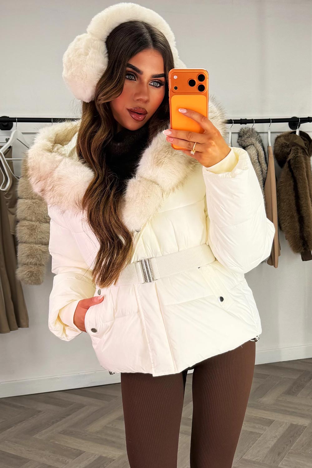 White Faux Fur Hood Puffer Jacket With Belt