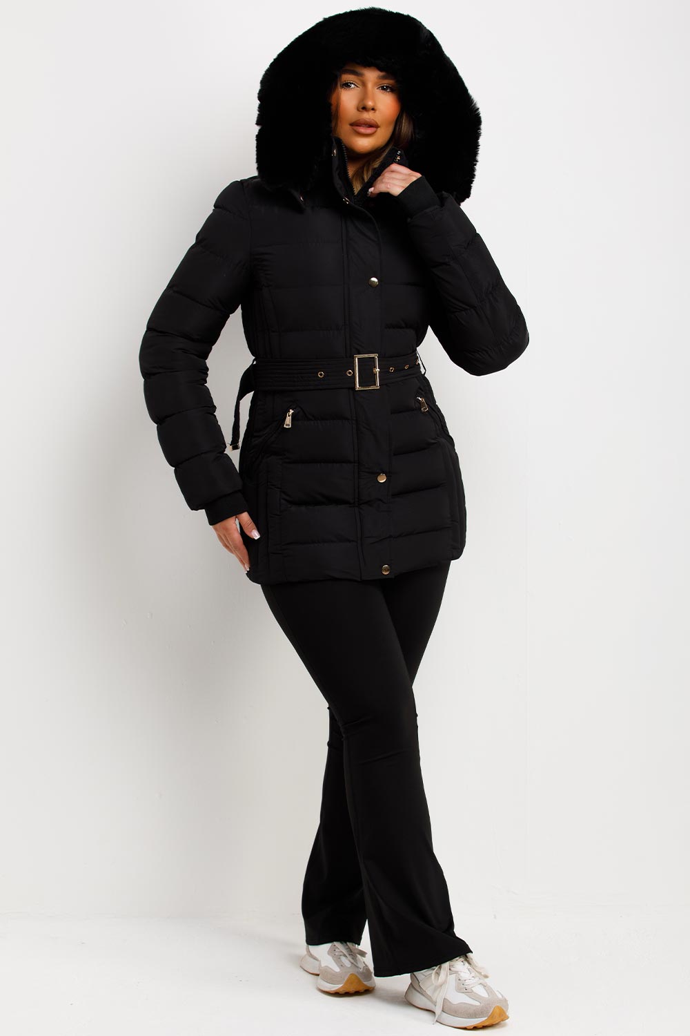 Black Puffer Coat With Faux Fur Hood And Belt