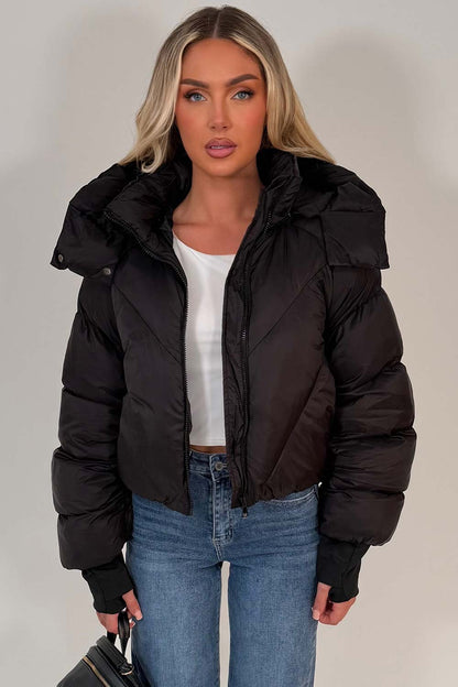 Black Puffer Padded Jacket With Hood