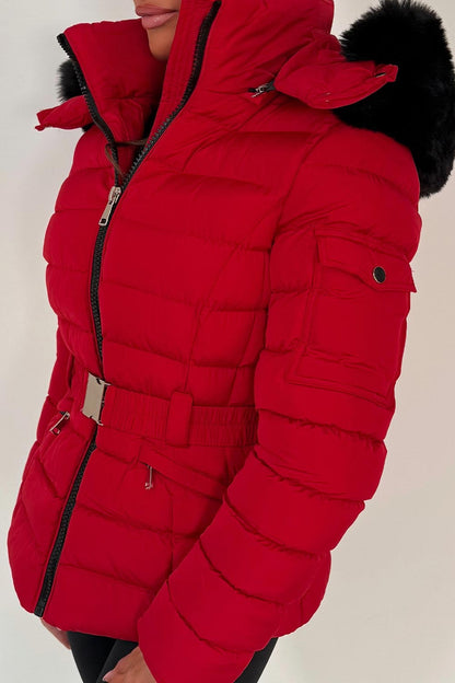 Puffer Padded Winter Jacket With Faux Fur Hood Red