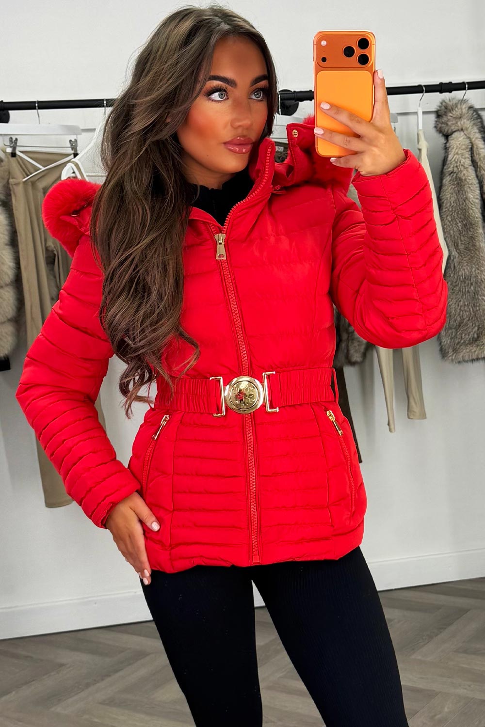 Red Puffer Jacket With Faux Fur Hood And Gold Belt