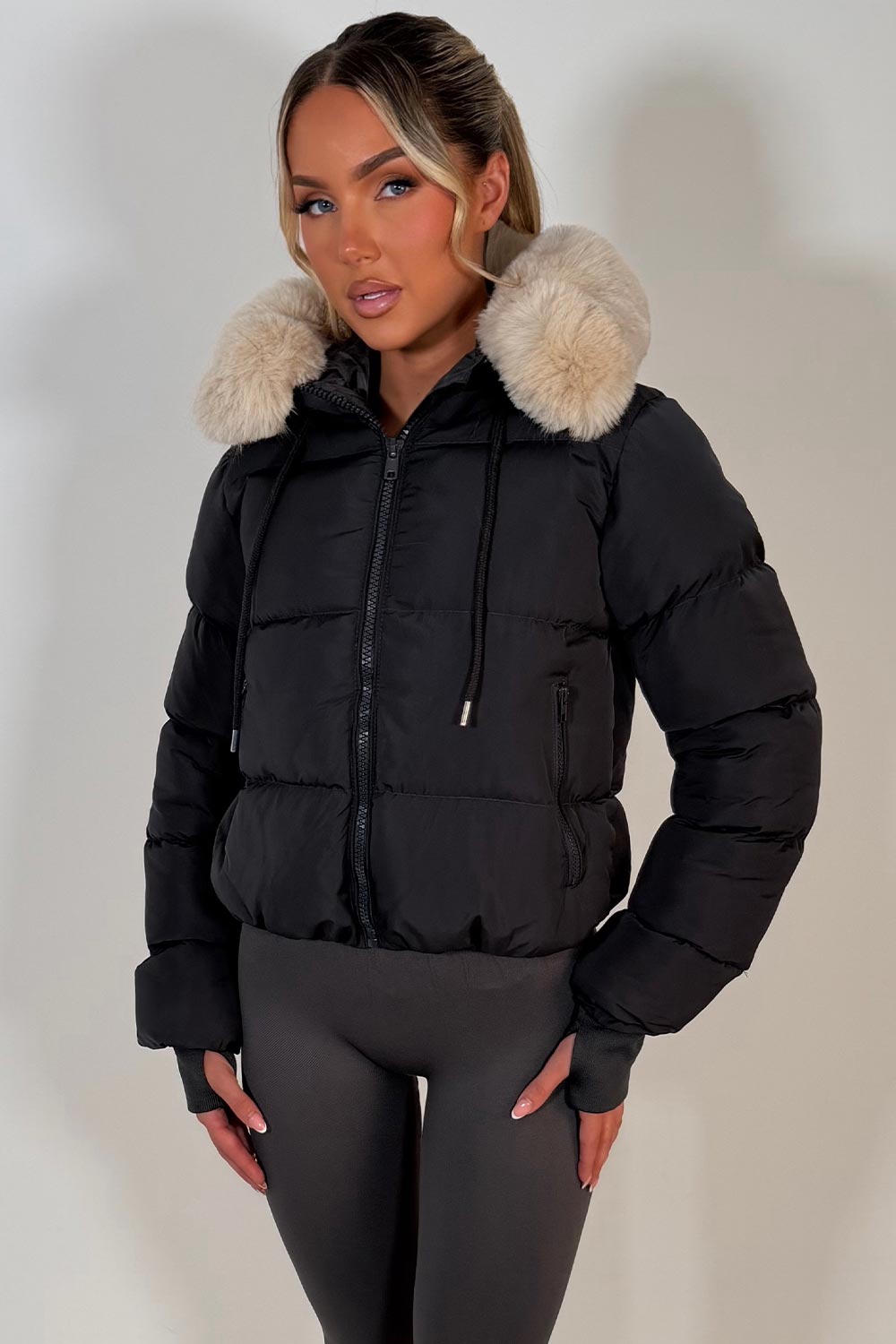 Puffer Jacket With Fur Hood Charcoal Grey